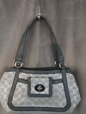 Coach Gray Signature Canvas Shoulder Bag with Turn-Lock Pocket